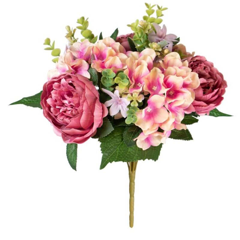 Bouquet pivoine/hortensia bordeaux/crème